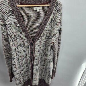 Cleo & Wolf Burgundy Cream V-Neck Boho Western Longline Cardigan Size Large